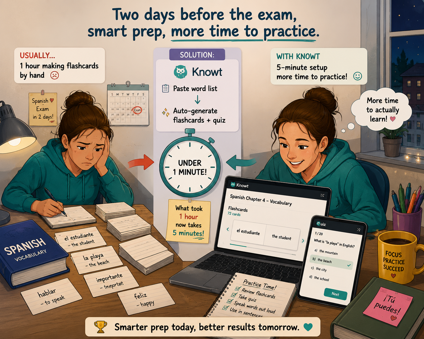High school student using Knowt to instantly generate Spanish vocabulary flashcards and quizzes, saving study time before an exam.