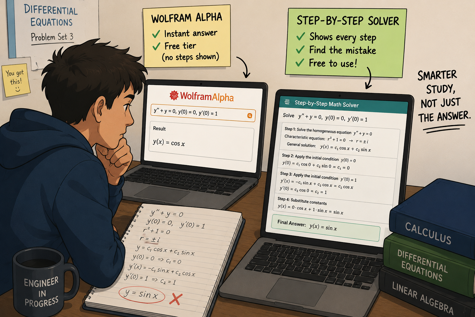 Engineering student comparing Wolfram Alpha with a free step-by-step differential equations solver.